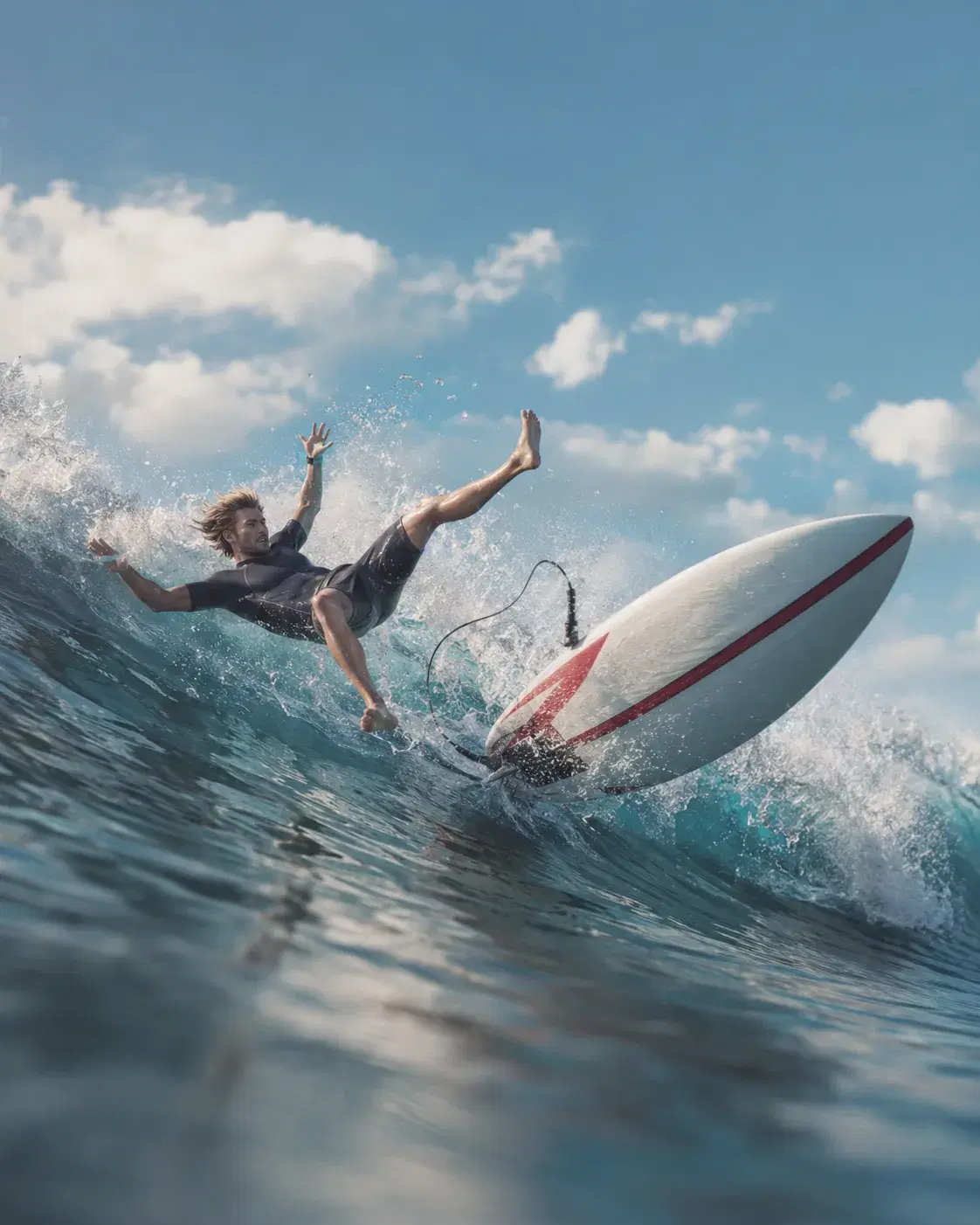 Surfer wiping out on a wave